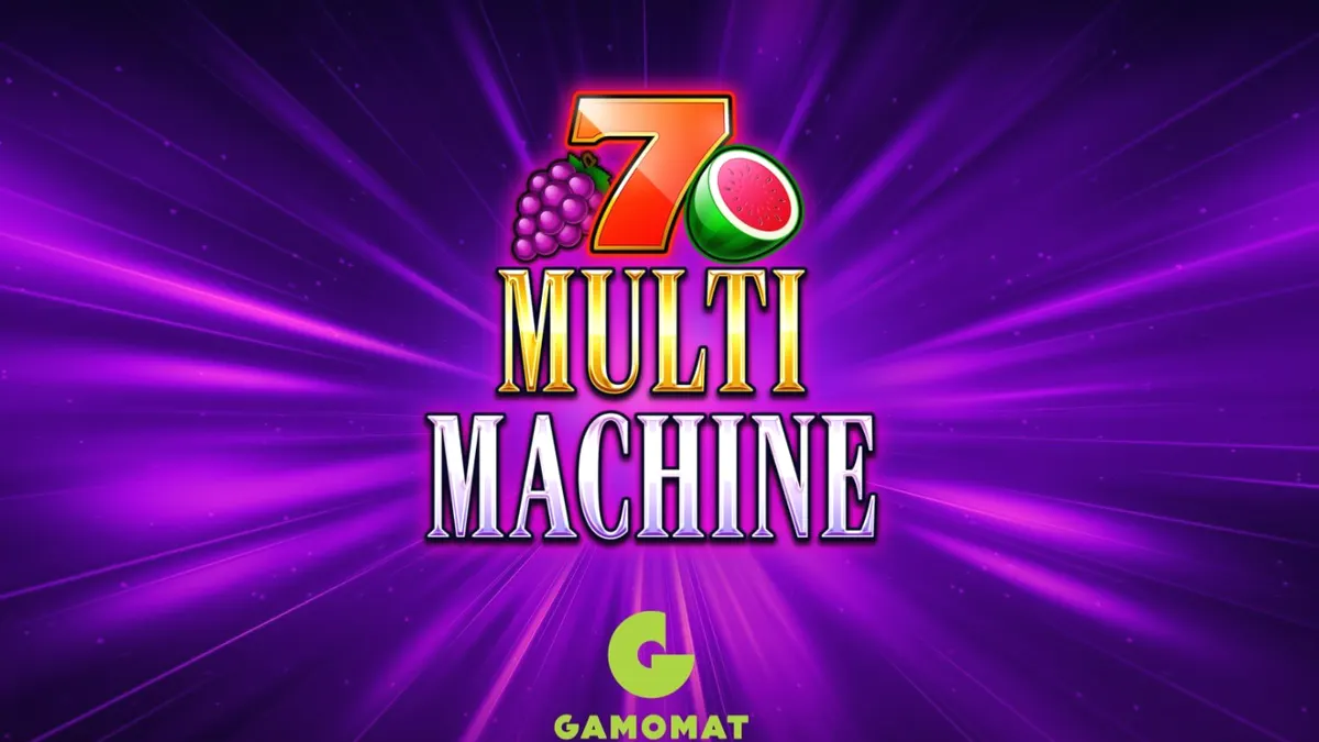 Tampilan visual slot Multi Machine dengan simbol buah klasik dan aksen ungu modern