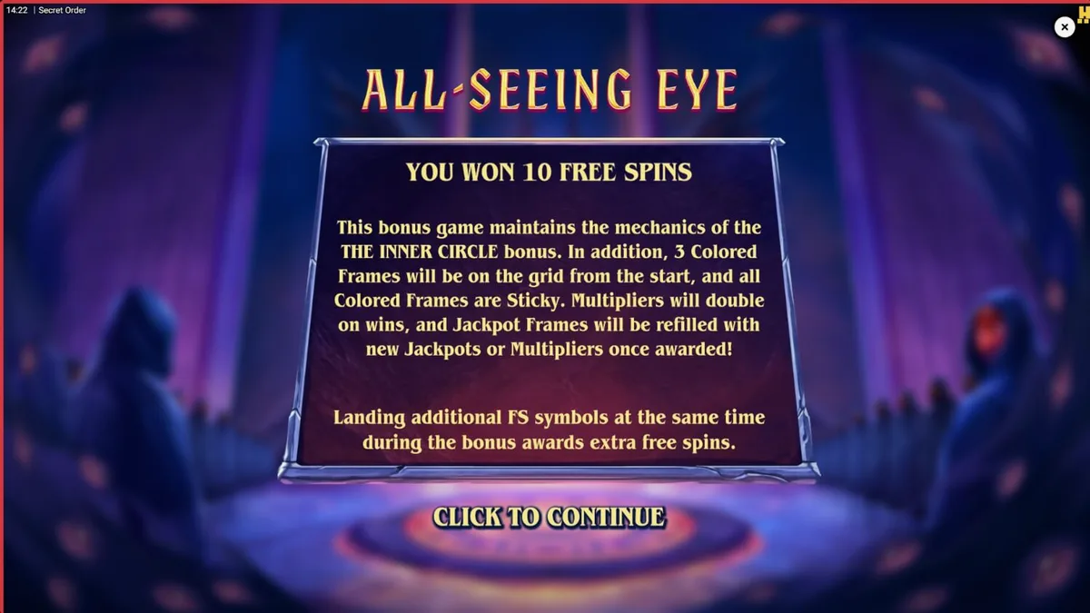Tampilan visual slot Secret Order dengan simbol okultisme dan grid misterius
